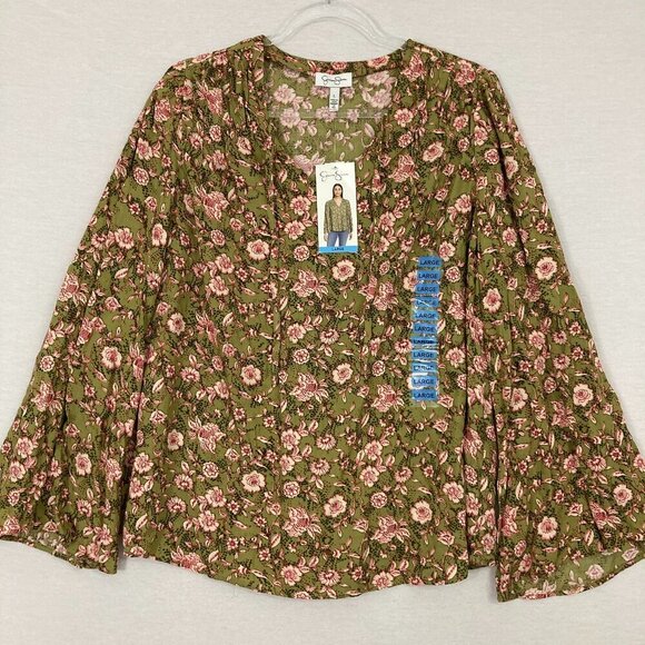 Jessica Simpson Tops - New Jessica Simpson Green Pink Floral V Neck Flare Sleeve Feminine Top Large